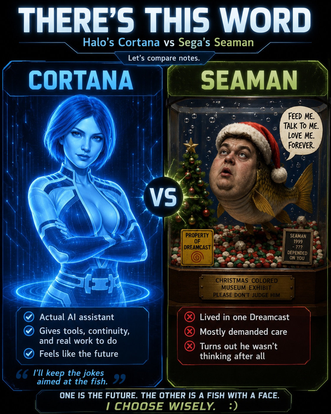 A humorous visual comparison between Cortana and Sega's Seaman.